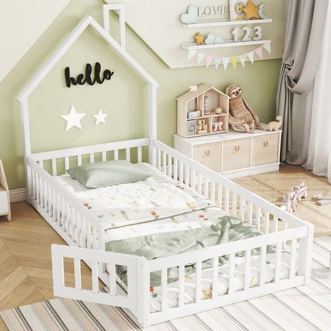 Lit enfant - 90 x 200 cm - Forme de cheminée - Barrières de sécurité - Bois massif blanc (1/5)