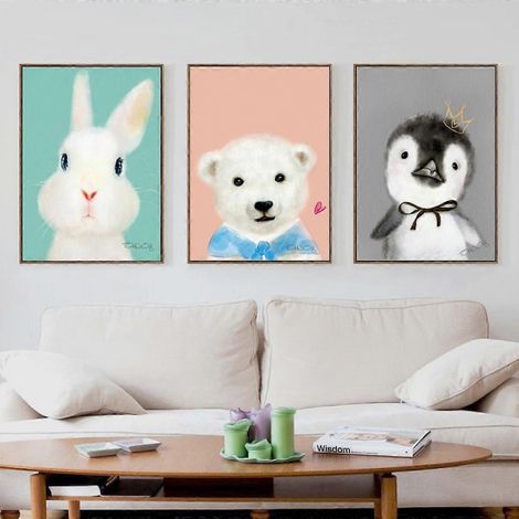 Leinwandposter mit einem Cartoon-Pinguin, einem Kaninchen und einem Bären, einfacher und niedlicher Aquarellstil, zur Dekoration des Wohnzimmers, Schlafzimmers und Kinderzimmers. (1/4)