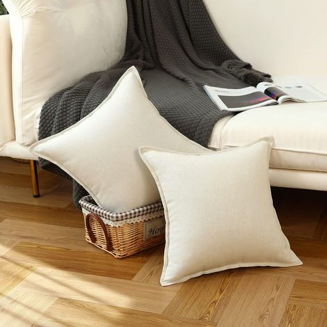 Lot de 2 housses de coussin en lin neutre - 50 x 50 cm - Blanc - Housse de coussin décorative rustique - Style bohème - Décoration d'intérieur - Pour salon, canapé, voiture (1/5)