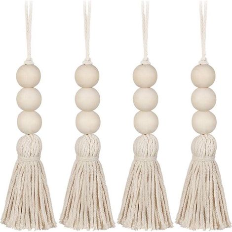4Pcs Gland Perles en Bois Ferme Perles Glands Perles de Prière Naturelles Coton Ligne Décorative Tenture Murale Pompon Perle Pendentif pour Placard Armoire Porche (1/5)