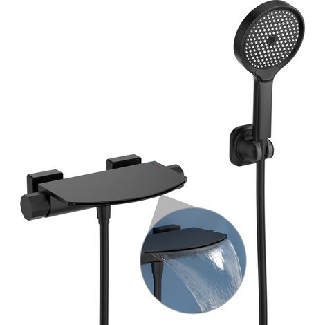 Wand-Badewannenmischer Schwarz – Wasserfall-Armatur mit Ablage, 1,5 m PVC-Schlauch, Wandhalterung, Messing, Modernes & Langlebiges Badezimmer-Design