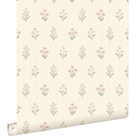 papier peint fleurs et rayures jaune - ESTAhome (1/5)
