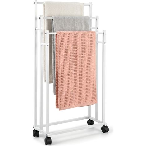 Porte-serviettes sur pied autoportant 3 niveaux avec roulettes blanc – Montage sans perçage – Revêtement antirouille – Dimensions 44.5L x 21.5l x 66/76/86H cm (1/5)