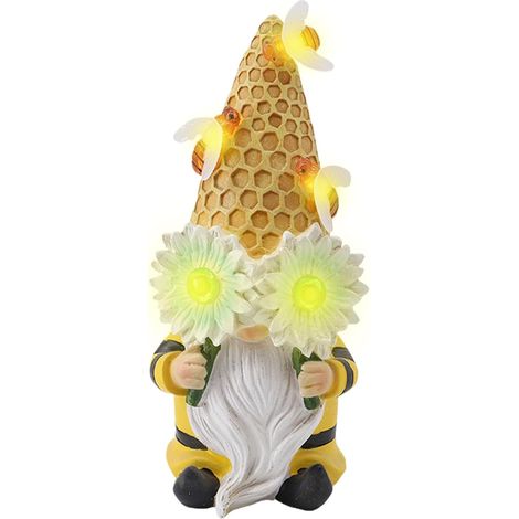 Solarbetriebene Gartenzwergfigur mit Bienen und Sonnenblume, 24 cm große Harzstatue für den Außenbereich zur Dekoration von Garten, Terrasse, Rasen oder Veranda, Geschenk für Frauen/Mädchen (Gelb, Fra (1/5)