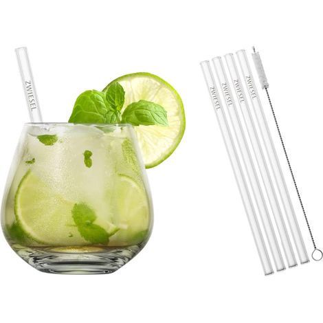 After Work Drinks Longdrink, set de 4 gobelets, 4 pailles en verre et 1 brosse en coton, verres en cristal résistant au lave-vaisselle, fabriqué en Allemagne (art. n° 130015) (1/3)