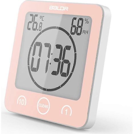 Horloge de salle de bain, minuteur de douche numérique, horloge de cuisine étanche avec thermomètre et hygromètre pour la douche, la cuisine et le maquillage (rose) (1/5)