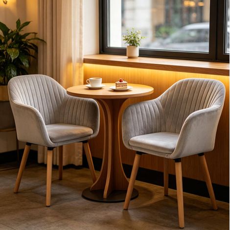 Lot de 2 chaises de salle à manger avec accoudoirs en velours gris clair, pieds bois et métal OKWISH (1/5)