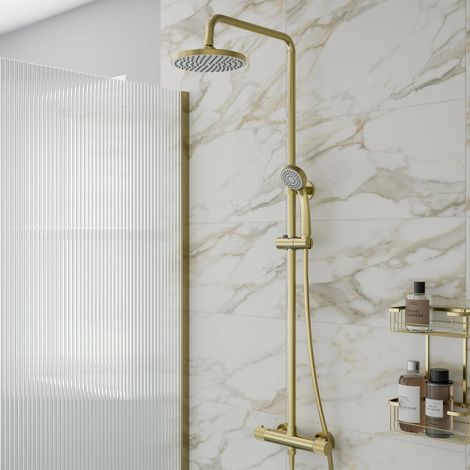 Fluted Thermostatic Mixer Shower Round Dual Head Riser Rail Handset Valve Brass (1/5)