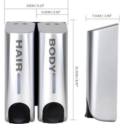 Juego de dispensadores de jabón para gel de ducha, champú y acondicionador, de montaje en pared, color plata. (1/3)