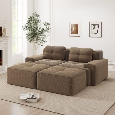 Canapé modulable en U 2 places avec pouf, velours côtelé marron, assise profonde