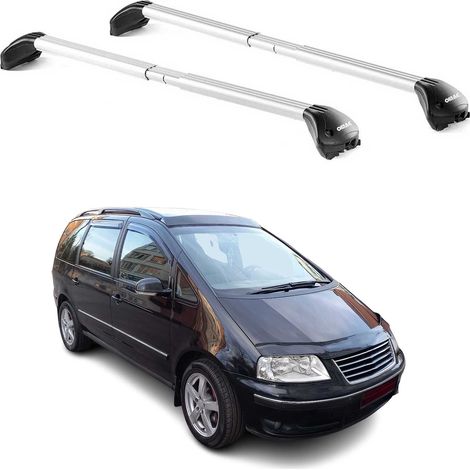 OMAC Barres de toit transversales certifiées TÜV pour VW Sharan I 1995-2010 – Verrouillables (4 antivols) – Charge max 100 kg – Sangle inox + protection caoutchouc Argent (1/4)