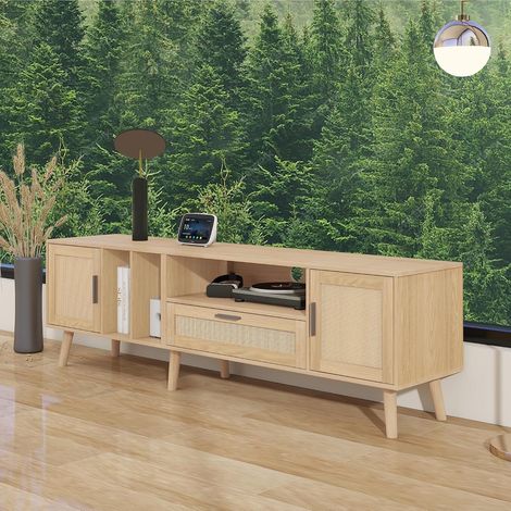 Mobile porta TV con illuminazione a LED, 2 cassetti in rattan, 2 ante in vetro curvo e 1 anta in rattan, MDF, 180 x 40 x 50 cm, marrone (1/5)
