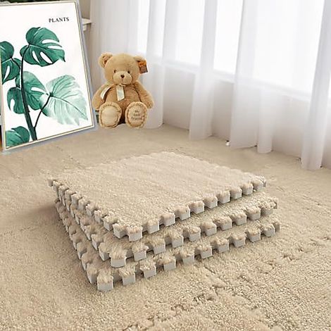 Ensemble de 12 tapis de sol emboîtables en EVA, dalles de sol style mosaïque, rembourrage en mousse avec bords, 30x30x1cm, camel (1/5)