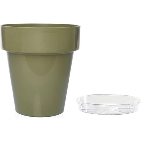 Vasi per fiori e piante rotondo con diametro di 14 cm e sottovaso trasparente con diametro di 12 cm - Vaso resistente ai raggi UV - Colore Olive (1/4)