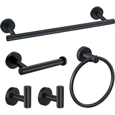 A set of 5 wall-mounted bathroom accessories in matte black stainless steel (1/4)