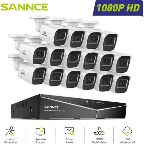 SANNCE 1080P Kit Cámaras de Vigilancia Cable,16CH con 16 Cámaras 2MP Sistema Cámara de Seguridad Visión Nocturna Acceso Remoto (1/5)