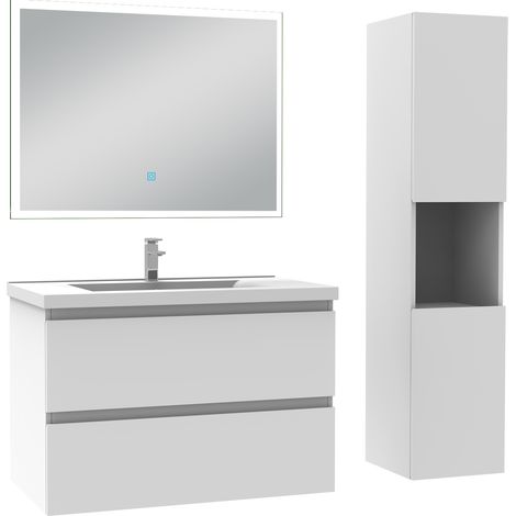 Ocean Ensemble meuble Salle de Bain 80cm avec vasque et colonne et miroir lumineux dimmable blanc