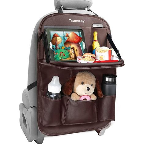Organisateur de voiture Tsumbay, protection de dossier de siège auto, tapis de protection imperméables avec tablette intégrée, multiples poches de rangement, 1 pièce / Marron (1/4)