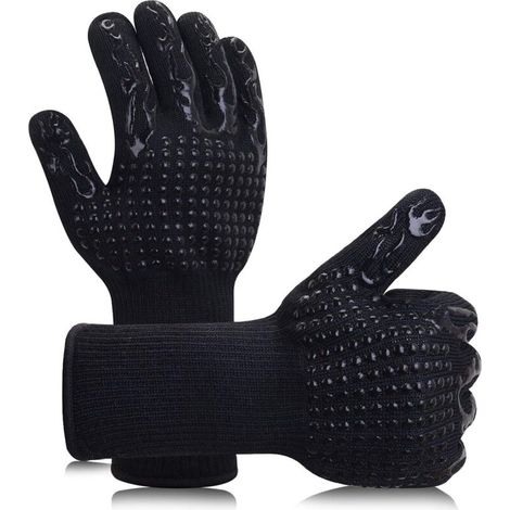 Gants de Barbecue Anti-Chaleur 1 Paire Gants de Four SiliCône Antidérapant Jusqu'à 800°C Universel Gants pour BBQ, Grill, Four, Cuisine et Cheminée-Noir- (1/5)