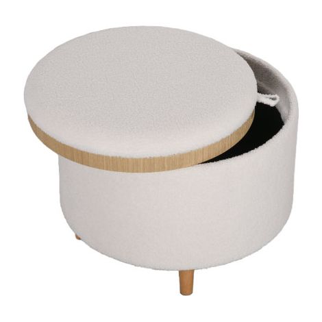 Tabouret rond rembourré (56 cm de diamètre x 42 cm de hauteur) de couleur blanche, doté d'un espace de rangement et d'un couvercle à charnière, avec pieds en bois  convient au salon ou à la chambre à  (1/5)