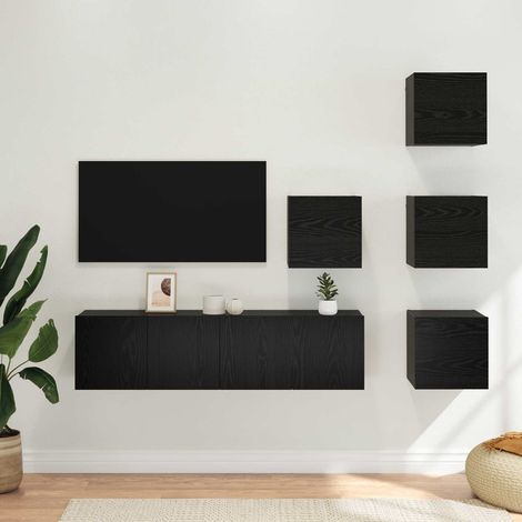 Meuble TV mural 6 pièces modulable, bois d’ingénierie, chêne noir, 60 x 30 x 30 cm - PANGIVO (1/5)