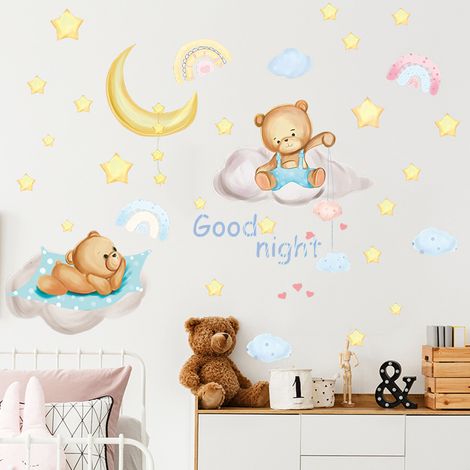 Autocollants muraux ours dormant sur la lune et les étoiles pour chambre d'enfant et bébé - Décoration murale Sweet Dream