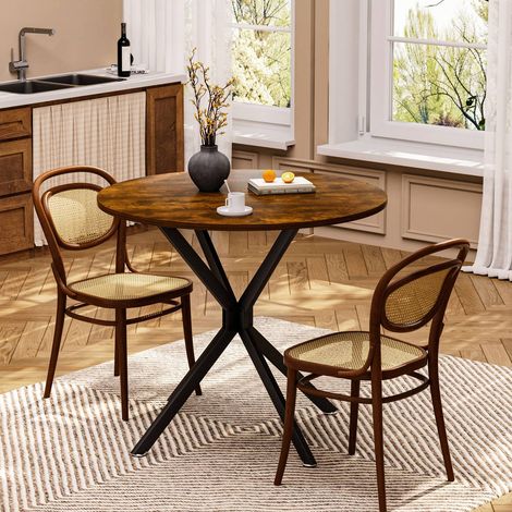 Table à manger ronde 90 cm pour 1-4 personnes, table compacte avec pieds en métal, brun et noir, pour cuisine ou salon (1/5)