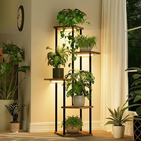 Support plantes avec lampe de croissance – Étagère 5 niveaux en métal brun – Pour plantes d'intérieur et d'extérieur – Design scandinave (1/5)