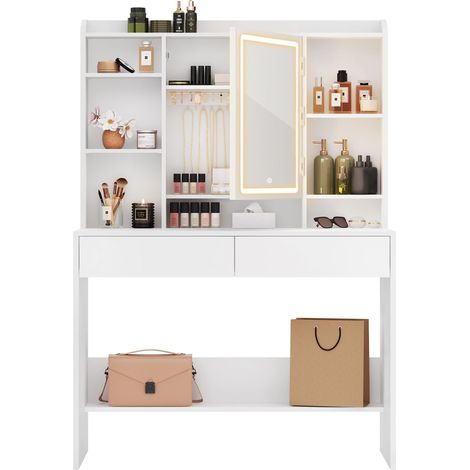 VASAGLE KAILYN Collezione - Toeletta con Luci LED 3 Colori con Luminosità Regolabile, Tavolo da Trucco con Specchio, Ripiani Regolabili, 2 Cassetti, Postazione Trucco, Bianco RDT123WB01 (1/5)