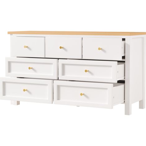Bureau rotatif 2-en-1 avec 7 tiroirs, plateau pivotant à 360°, décor chêne, blanc et naturel, bureau d'angle en L sans matelas (1/5)