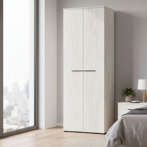 Pinasca Kleiderschrank 2-türig, Schlafzimmer-Schrank mit Einlegeboden, Kleiderstange, Flügeltüren, 67,5x195h cm Weiß Lärche (1/5)