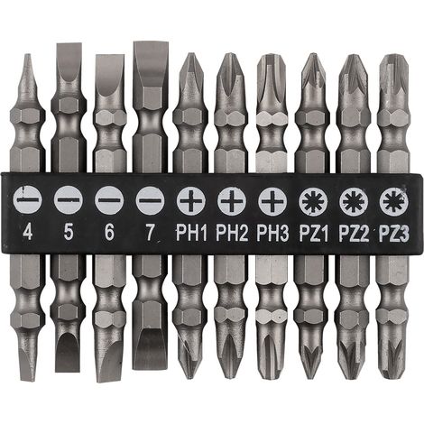 Juego de puntas de doble cara SL4/5/6/7, PH1/2/3, PZ1/2/3 x 65 mm, 10 unidades.