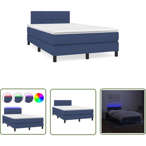The Living Store Sommier à lattes de lit matelas et LED bleu 120x190 cm tissu - Sommier Tapissier - Lit Bleu - Matelas Ressort Ensaché - LED - Chambre À Coucher (1/5)