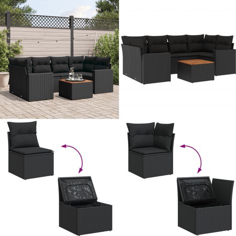 7-tlg. Garten-Sofagarnitur mit Kissen Schwarz Poly Rattan - Gartenmöbel Set - Esszimmergarnitur - Outdoor Möbel - Lounge Set - Balkonmöbel - Home & Living (1/5)