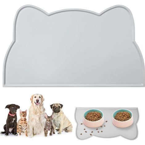 1 graue Fressnapfunterlage für Hunde und Katzen, 45 x 26 cm, rutschfeste Matte in Form eines niedlichen Katzenkopfes, wasserdichte Silikon-Fressmatte (1/5)