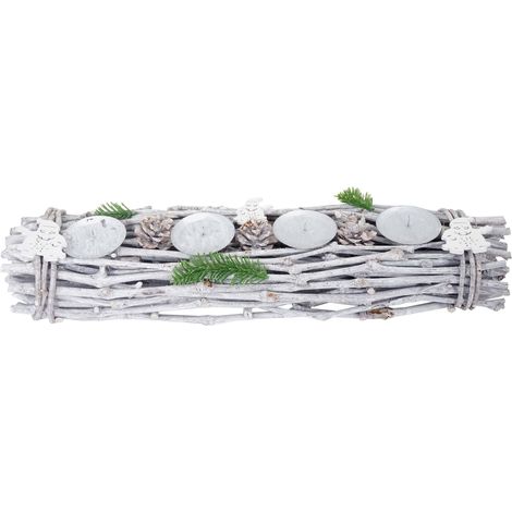 Corona de Adviento alargada, decoración navideña Arreglo de Adviento, madera 60x16x9cm blanco-gris, sin velas