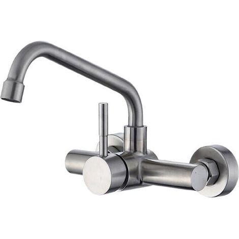 Mitigeur d'évier mural inox 304, robinet de cuisine pivotant à col orientable, alimentation eau chaude/froide, finition brossée, usage domestique (1/5)