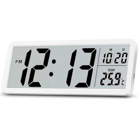 Horloge Murale Numerique - Ecran LCD 21,6 cm - Heure Date Temperature - Alimentation Piles ou Secteur - Pour Salon Chambre Bureau Cuisine - Blanc