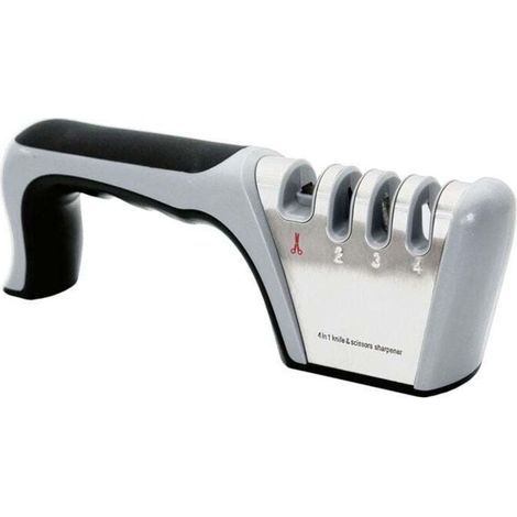 Professioneller 4-in-1 Messerschärfer für Küchenmesser und Scheren, mit rutschfestem Gummifuß, geeignet für Edelstahl- und Keramikmesser.
