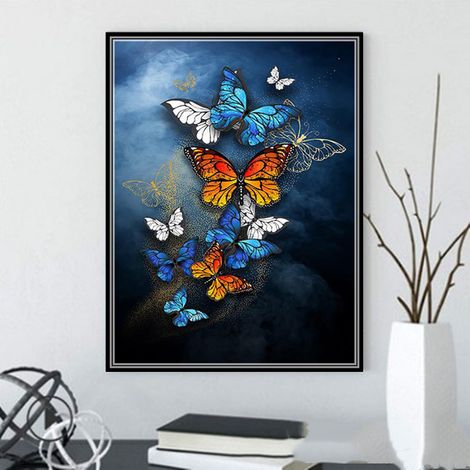 Décoration murale pour salon, toile, tableau mural pour chambre ou salle de bain, œuvre d'art abstraite avec papillon sur fond bleu, décoration murale pour bureau (1/5)