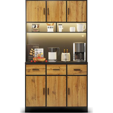 Buffet haut de cuisine Noir,meuble moderne avec LED,avec 3 tiroirs,plan de travail,prise avec USB,100x40x180cm (1/5)