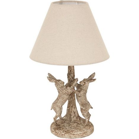 Stonewashed Marching Hares Lamp with Linen Shade - Resin - L20 x W20 x H48 cm - Brown