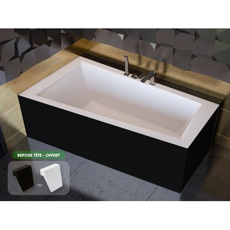 Otitec – Baignoire d'angle asymétrique blanche 160 x 90 cm – Acrylique renforcé – Tablier noir et repose-tête inclus – Gauche