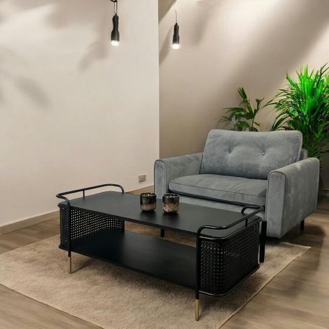 Table basse noire pieds dorés double plateau (1/4)