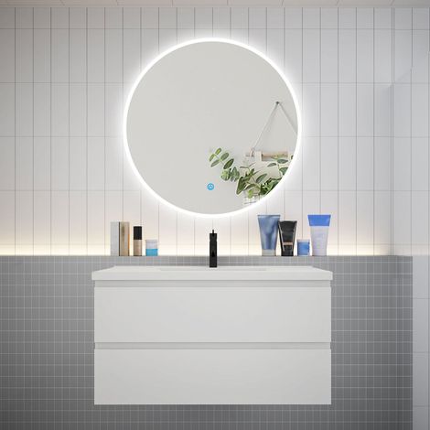 Ensemble meuble vasque L.99cm 2 tiroirs + lavabo + LED miroir rond 90cm,blanc,easy (1/5)