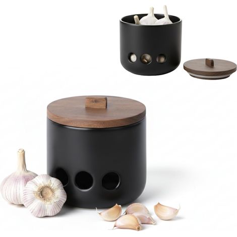 1 - Pot à Ail - Boîte de Conservation - Céramique et Acacia - Trous d&39Aération et Couvercle Étanche - Pour Cuisine Moderne - Noir Mat - 11,5 x 12 cm
