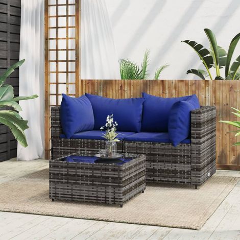 Salon de jardin 3 pcs - Ensemble Table et Chaise de Jardin - avec coussins Gris Résine tressée BV575751 - BonneVie (1/5)