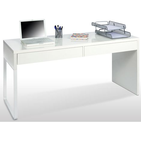 Pegane – Bureau réversible blanc brillant avec 2 tiroirs – Dimensions L 138 x H 75 x P 50 cm – Panneaux de particules mélaminés – Pieds métalliques ajustables