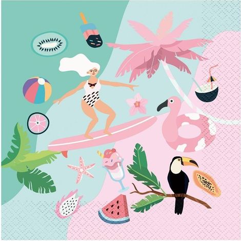 Serviettes de table « Summer Let's Party » sur le thème du surf, 33 x 33 cm, lot de 20.