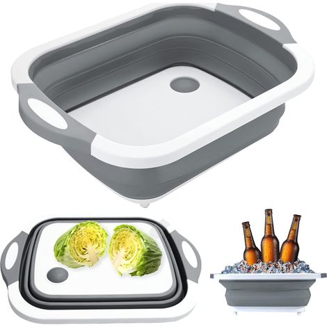 Évier à légumes pliable 3 en 1 avec égouttoir et panier de rangement portable - Gris